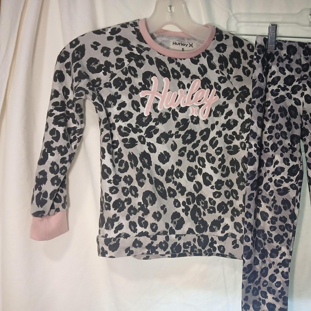 Hurley Girls Leopard Print 2 Piece Set Pink Grey Size 6 Logo Sweatshirt Leggings